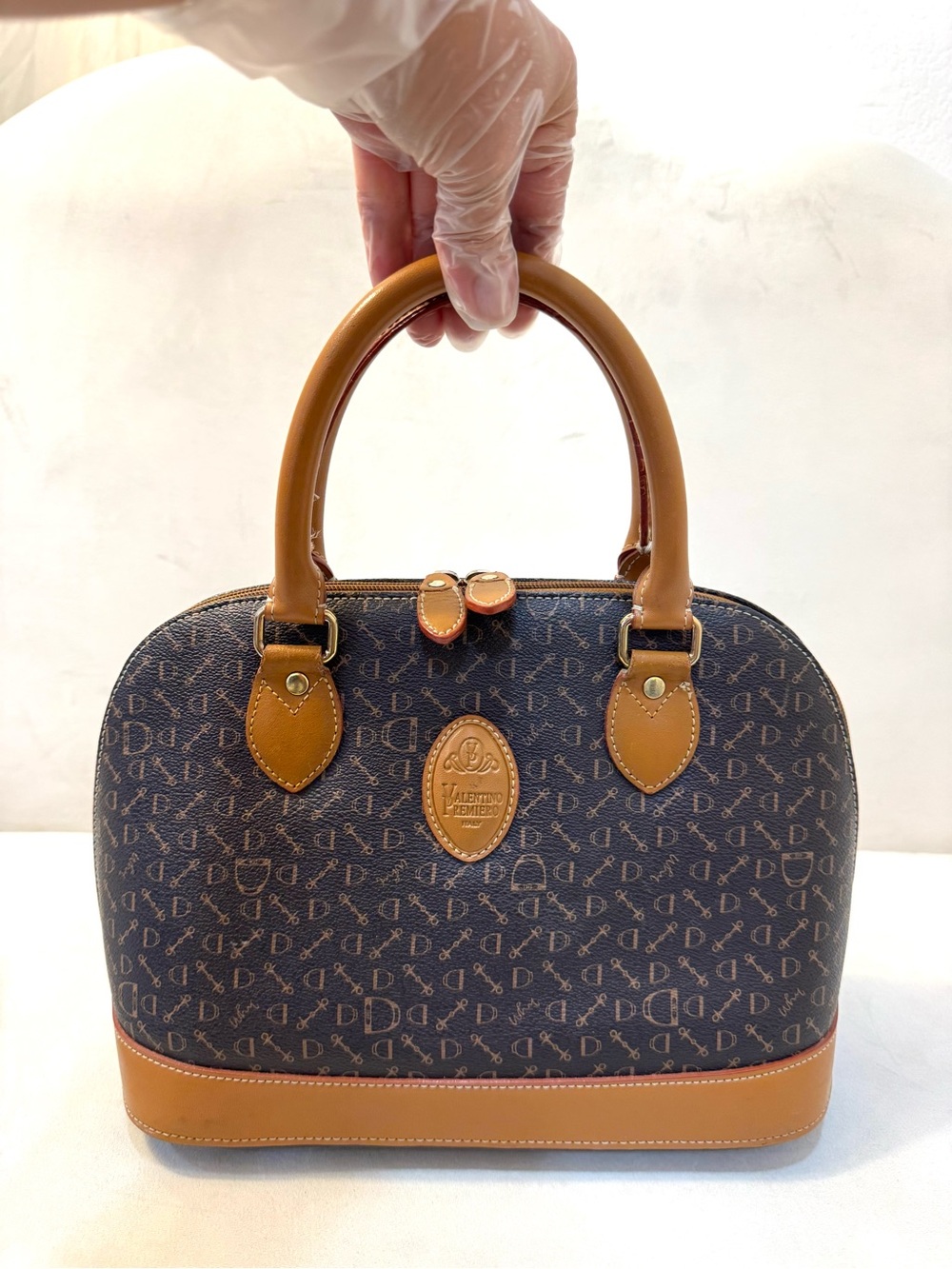 Vintage Valentino Premiero Italy Monogram Dome Bag Y2K Brown Tan Leather Trim